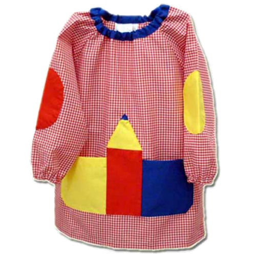 Bibe de vestir pela cabeça, dois bolsos frontais um de cada lado do lápis.