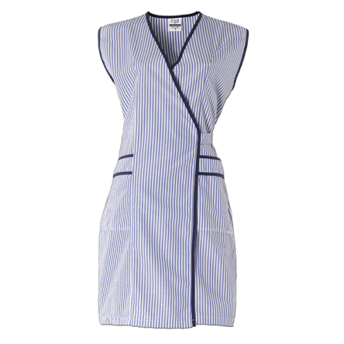 Bata trespasse avivada, manga cava, dois bolsos inferiores, ajuste por atilho.