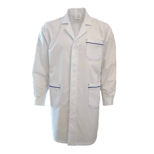 Bata  abertura frontal c/mola ou botão e lapela de proteção, manga comprida, acessório reversível na manga, bata avivada em 2ª cor, um bolso superior, dois inferiores, dois ilhós respiração em cada axila.