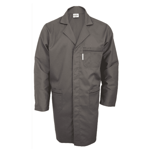 Bata abertura frontal c/mola ou botão e lapela de proteção, manga comprida, cinto traseiro avivado cosido(opção), decoração em 2ª cor, um bolso superior c/secção canetas, dois inferiores, dois ilhós respiração em cada axila.