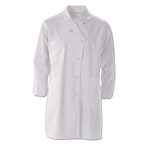 Bata , abertura lateral, dois bolsos inferiores e um superior direito, dois ilhós respiração em cada axila, punhos c/elástico.